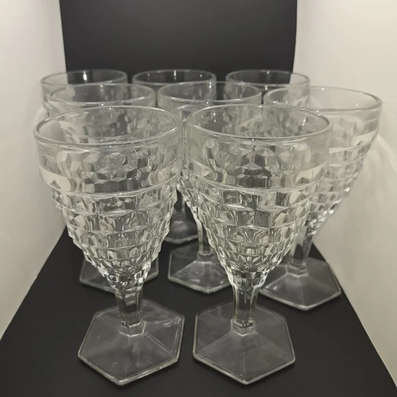 8 Fostoria American Water Tea Glasses Goblets Hexagon Footed Pedestal Crystal - Picture 1 of 9